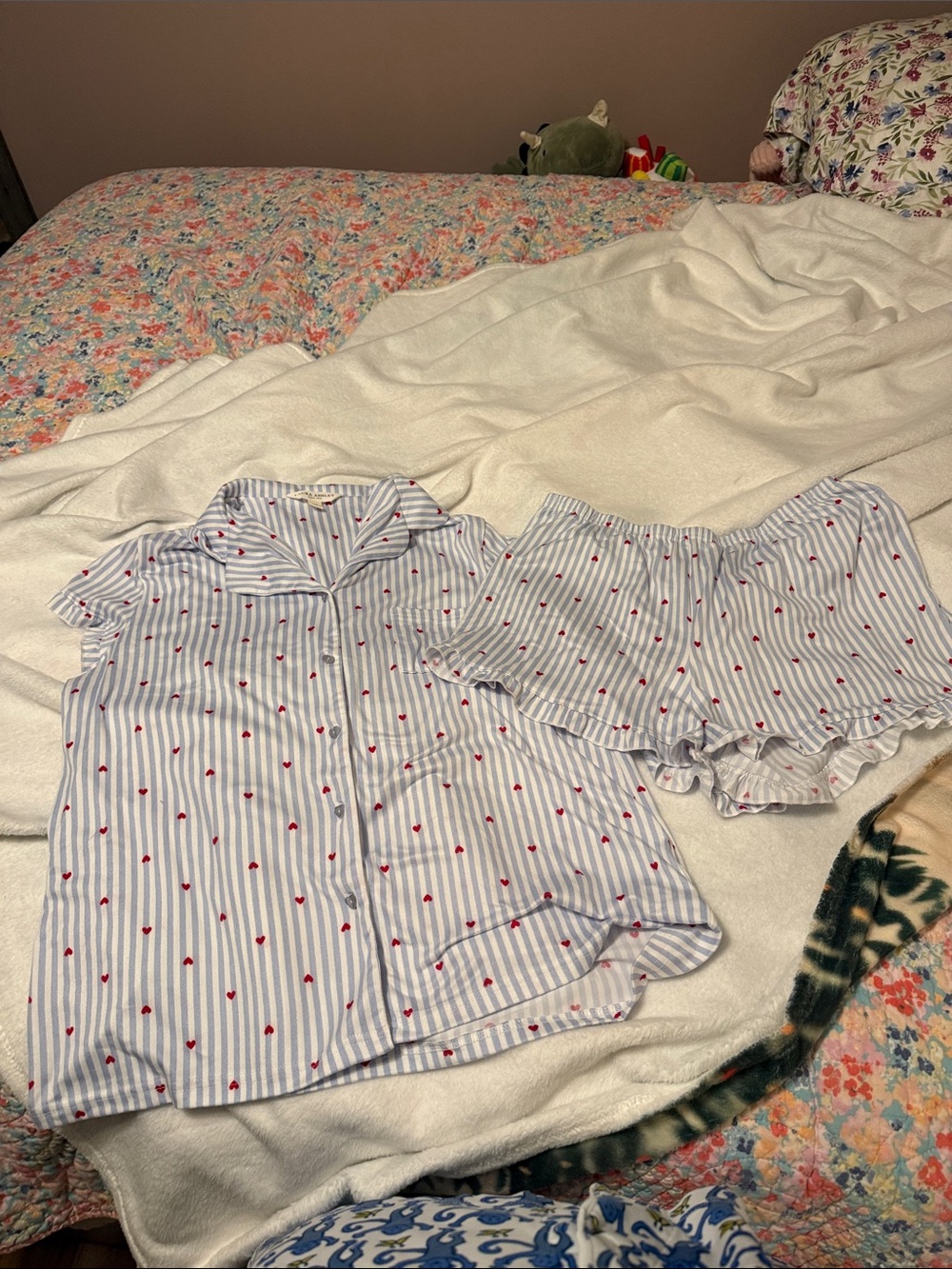 Laura Ashley White & Blue Striped Short Pajama Set with Red Hearts